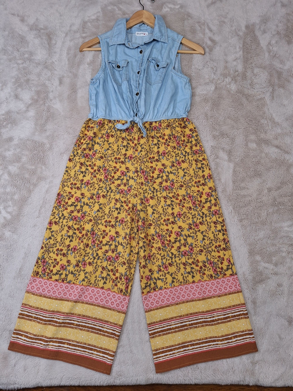 Knit Works Girls Jumpsuit XL 14 16 Denim Floral Wide Leg Boho Chambray Romper